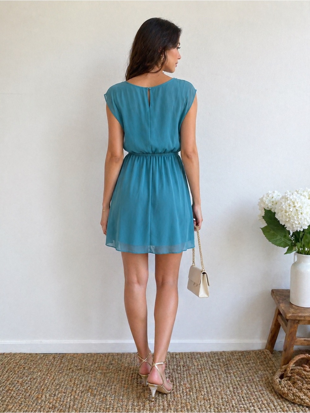 Lush Teal Turquoise Chiffon Mini Dress XS Flowy Elastic Waist Sheer Overlay - Picture 8 of 13
